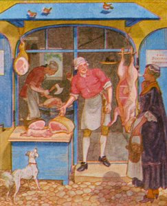 Metzgerladen / Řeznictví (barevná litografie)