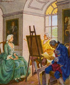 Portratsitzung Im Schloss / Portrét na zámku (barevná litografie)