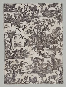 Fragment mědirytinové tištěné bavlny s Les quatres parties du monde Design, 1788.