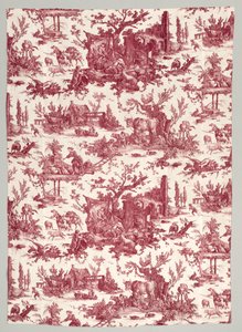 Proužek bavlny s měděným potiskem s designem Les plaisirs de la ferme, 1785-1790.