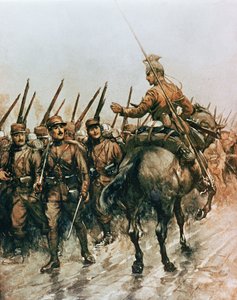 Lancer belgického průvodcovského sboru kolem francouzské pěchoty pochodující na frontu v roce 1914 (barva litho)