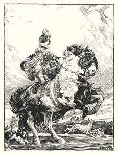 Žena v kostýmu Tudora lovící na koni (litho)