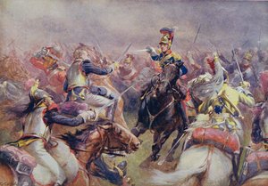 Poplatek těžké brigády proti francouzským kyrysníkům u Waterloo, z „Britských bitev na souši a na moři“, editoval sir Evelyn Wood (1838-1919), poprvé publikován v roce 1915