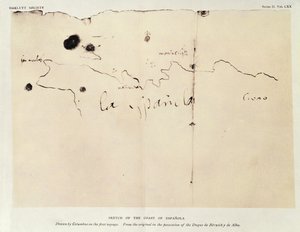 Náčrt pobřeží Espanola, nakreslený Kolumbem při první plavbě, z originálu v držení vévody de Berwick y de Alba, 1492 (tuš na papíře)