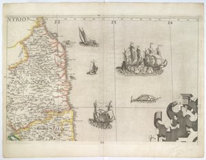 Northumbria a severovýchodní Anglie ze Saxtonovy nástěnné mapy z roku 1583 (rytina)