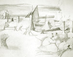 Bretonská rybářská vesnice, asi 1929-30 (tužka na papíře) od Christopher Wood