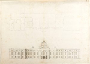 Hampton Court Palace, částečný půdorys a náčrt pro vstupní fasádu, pravděpodobně pro 2. schéma, číslované 5 a 6