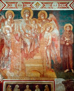 Madonna má na trůnu děti, čtyři anděly a svatého Františka z Assisi Freska z Cimabue (Cenni di Pepo) (1272-1302) 1278-1280 Rozměr.320x340 cm. Assisi, bazilika San Francesco, Dolní kostel