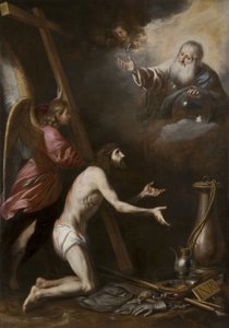 Španělsky: Cristo flagelado arrodillado ante Dios Padre (Bičovaný Kristus klečící před Bohem Otcem) od Circle of Antonio del Castillo y Saavedra