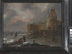 Zimní krajina s bruslaři, kolem roku 1660 (olej na dřevě) od Claes (1630-76) Molenaer