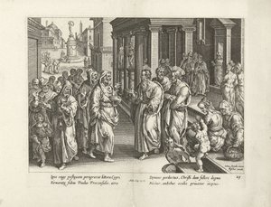 Paul se hádá s čarodějem Elymasem Skutky apoštolů (název série) Acta Apostolorum (název série) od Claes Jansz. Visscher (II) (workshop of)