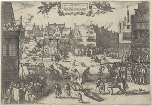 Poprava spiklenců zrady střelného prachu, 1606 Supplicium de octo coniuratis sumtum in Britannia (název na předmětu) od Claes Jansz. Visscher (II)