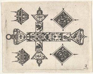 Blackwork tisk s latinským křížem a čtyřmi motivy, ca. 1620. od Claes Jansz Visscher