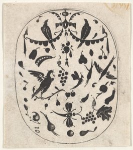 Oválný černý tisk s ptáky, hmyzem a ovocem, ca. 1620. od Claes Jansz Visscher