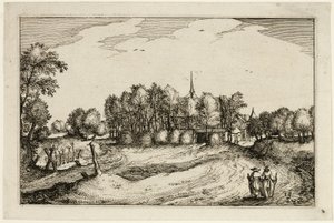 Klášter, deska třináct podle Obrázků statků, venkovských domů a vesnic (Praediorum villarum et rusticarum casularum icones) od Claes Jansz. Visscher II