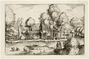 Rybník, osmnáctý talíř podle obrázků farem, venkovských domů a vesnic (Praediorum villarum et rusticarum casularum icones) od Claes Jansz. Visscher II