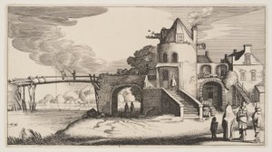 Most s mýtným domem, z knihy Krajiny (Playsante Lantschappen) od Claes Jansz. Visscher II