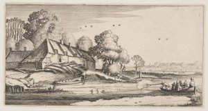 Střelba na kachny z řadové lodi poblíž farmy, z knihy Krajiny (Playsante Lantschappen) od Claes Jansz. Visscher II
