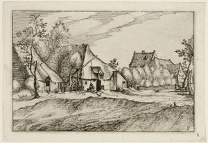 Farmy na vesnici, deska osm podle obrázků farem, venkovských domů a vesnic (Praediorum villarum et rusticarum casularum icones) od Claes Jansz. Visscher II