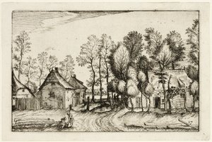 Krajina s vykácenými stromy, deska sedmnáct podle obrázků statků, venkovských domů a vesnic (Praediorum villarum et rusticarum casularum icones) od Claes Jansz. Visscher II