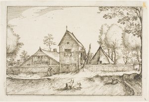 Velký oplocený statek, deska 23 podle Obrázky statků, venkovských domů a vesnic (Praediorum villarum et rusticarum casularum icones) od Claes Jansz. Visscher II