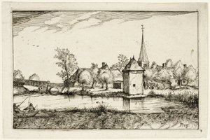 Rybník a vesnice, deska patnáct podle obrázků statků, venkovských domů a vesnic (Praediorum villarum et rusticarum casularum icones) od Claes Jansz. Visscher II