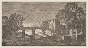 Západ slunce nad řekou, z knihy Krajiny (Playsante Lantschappen) od Claes Jansz. Visscher II