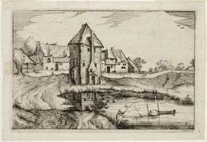 Rybník, deska devět podle Obrázků statků, venkovských domů a vesnic (Praediorum villarum et rusticarum casularum icones) od Claes Jansz. Visscher II