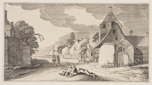 Tři rolníci odpočívající na rozcestí ve vesnici, z knihy Krajiny (Playsante Lantschappen) od Claes Jansz. Visscher II