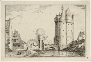 Městská brána, deska druhá podle Obrázků statků, venkovských domů a rustikálních vesnic (Praediorum villarum et rusticarum casularum icones) od Claes Jansz. Visscher II
