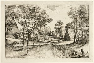 Venkovská cesta, deska čtrnáct podle Obrázky statků, venkovských domů a vesnic (Praediorum villarum et rusticarum casularum icones) od Claes Jansz. Visscher II