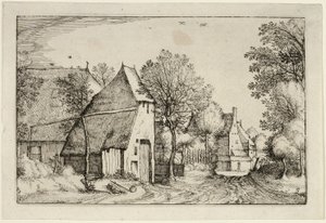 Venkovská cesta, deska třetí podle Obrázky statků, venkovských domů a vesnic (Praediorum villarum et rusticarum casularum icones) od Claes Jansz. Visscher II