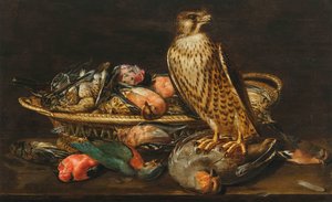 Clara Peeters Zátiší se sokolem stěhovavým a ptáky
