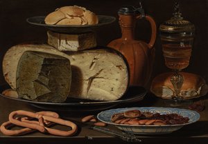 Zátiší se sýry, mandlemi a preclíky, c.1615