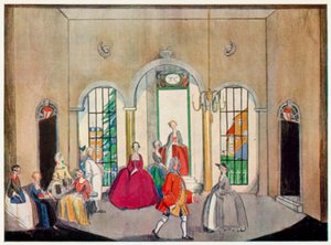 Žebrácká opera, scéna, hospoda poblíž Newgate (barevné lito)