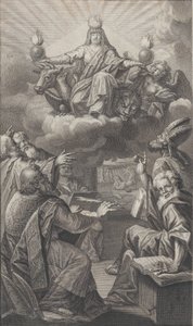Alegorická postava objevující se na oblacích nad hlavou, zatímco skupina mužů shromážděných dole se dívá na..., 1728.