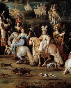 Ecuyeres lovecký sokol Detail z obrazu Clauda Derueta (1588-1662). Ztlumit. 1,14 x 2,58 m od Claude Deruet