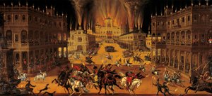 Čtyři živly: oheň. Show a jezdecký turnaj v době Ludvíka XIII. Vpravo se kostýmní král účastní představení na koni, zatímco kardinál Richelieu sleduje scénu z balkónu. Obraz od Clauda Derueta (1588-1662) 1640 O od Claude Deruet
