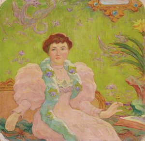 Mladá žena v růžových šatech; Jeune femme a la robe rose, kolem roku 1893 (olej na plátně)