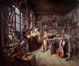 Restaurátor ve své dílně plné nástrojů. Obraz Clauda Firmina (1864-1944) 1896 Avignon musee Calvet Pozor! Použití tohoto díla může podléhat žádosti o autorizaci třetí stranou nebo dalším poplatkům od Claude Firmin