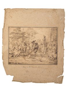 Les quatre âges de la vie: Sedm postav v zahradě, jedna kopá rýčem (pero a hnědý inkoust) od Claude Gillot