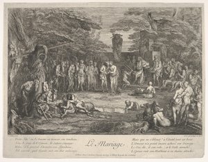 Manželství Le Mariage: v lese se starý satyr ožení se snoubenkou v cen..., ca. 1700-1720. od Claude Gillot