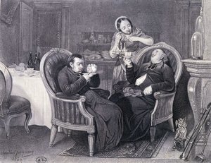 Po večeři: Dva kněží si dají kávu a digestiv, podávané jejich služebnou. od Claude Jacquand