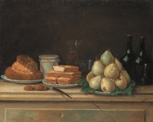 Hrušky a chléb na talířích, s lahvemi vína a sklenicemi na kamenné římse (olej na plátně) od Claude Joseph Fraichot