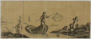 Chinoiserie s mužem lovícím z lodi, žena a dítě stojící na břehu od Claude Joseph Vernet