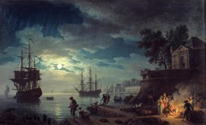 Měsíční rybolov Noční pohled na přístav s muži, kteří dělají táborák. Obraz Joseph Vernet od Claude Joseph Vernet