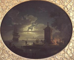 Noc: Měsíční pobřežní krajina s Fisherfolk u ohně na nábřeží, Man of War za ním od Claude Joseph Vernet