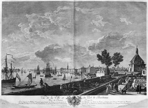 Pohled na město a přístav Bordeaux z Chateau Trompette, série "Les Ports de France", vyryté Charlesem Nicolasem Cochinem mladším od Claude Joseph Vernet