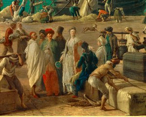 detail: Přístav Marseille v 18. století”” Detail představující vykládku zboží. Obraz Josepha Verneta (1714-1789) Paříž 18. století. Námořní muzeum od Claude Joseph Vernet