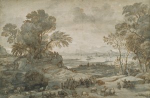 Krajina s Kristem, který káže kázání na hoře (pero a hnědý inkoust s šedou barvou na papíře) od Claude Lorrain